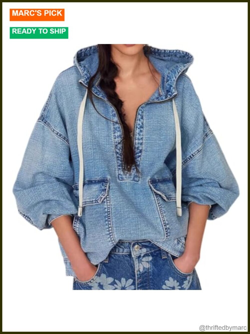 Oversized Denim Hoodie Half Zip Long Sleeve Jean Sweatshirt